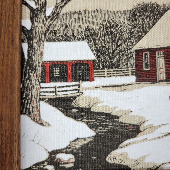 Vintage Linen Needlepoint Framed Covered Bridge And Farm House Winter Scene - Picture 4 of 14